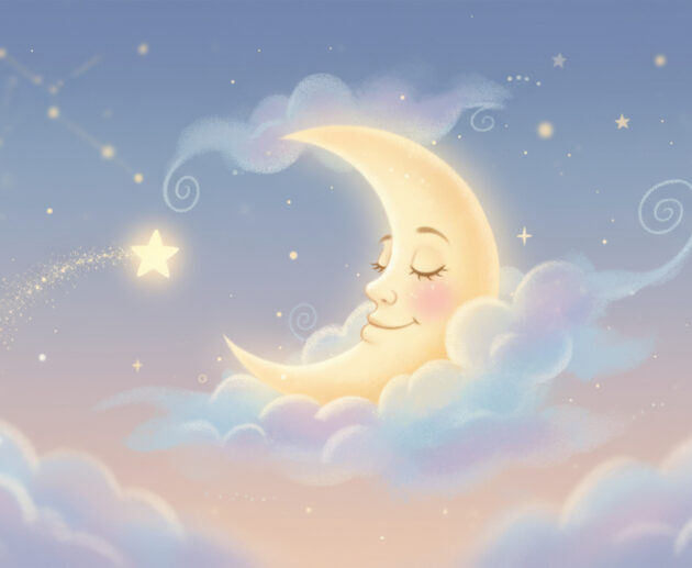 A sleepy moon smiling at a small twinkling star in the night sky, bedtime illustration for kids.