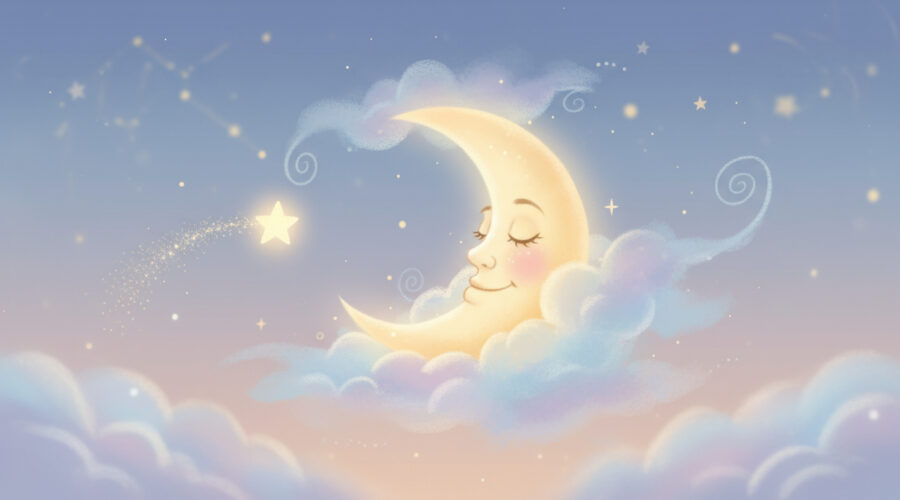 A sleepy moon smiling at a small twinkling star in the night sky, bedtime illustration for kids.