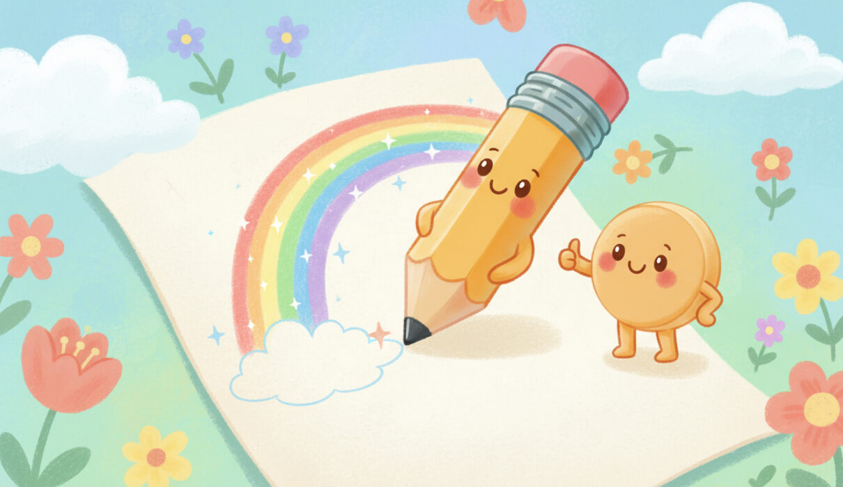 A cute cartoon pencil writing on paper with a smiling eraser beside it, children’s story illustration.
