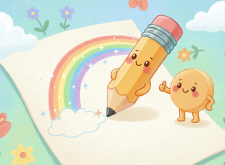 A cute cartoon pencil writing on paper with a smiling eraser beside it, children’s story illustration.