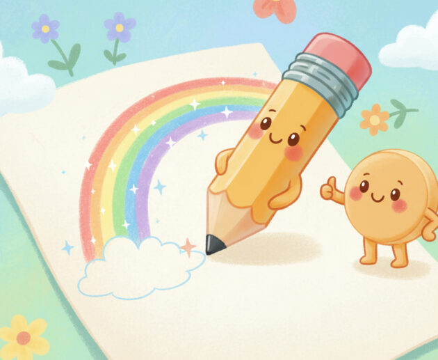 A cute cartoon pencil writing on paper with a smiling eraser beside it, children’s story illustration.