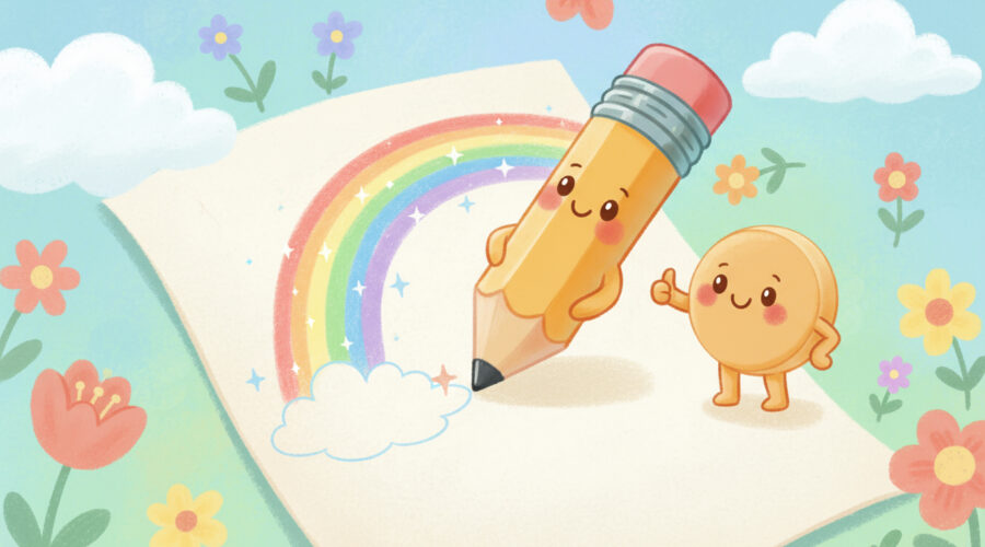 A cute cartoon pencil writing on paper with a smiling eraser beside it, children’s story illustration.