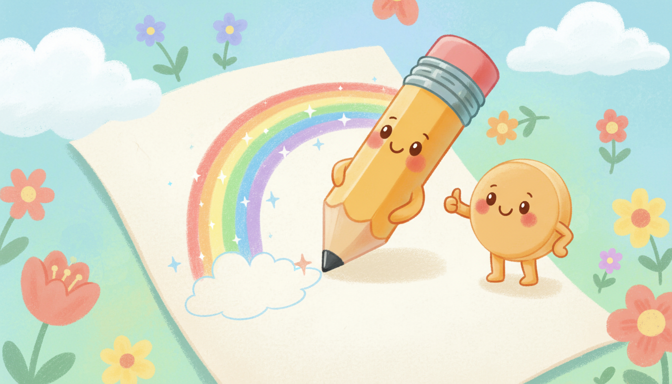 A cute cartoon pencil writing on paper with a smiling eraser beside it, children’s story illustration.
