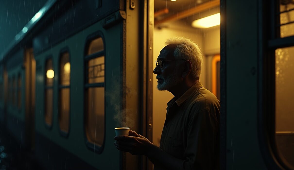 Old Indian man boarding a late-night train in Mumbai rain, holding chai from a stranger glowing with light.
