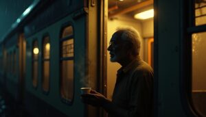 Old Indian man boarding a late-night train in Mumbai rain, holding chai from a stranger glowing with light.