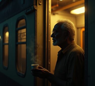 Old Indian man boarding a late-night train in Mumbai rain, holding chai from a stranger glowing with light.