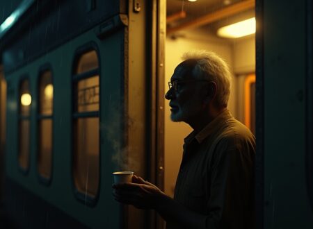Old Indian man boarding a late-night train in Mumbai rain, holding chai from a stranger glowing with light.