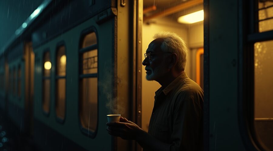 Old Indian man boarding a late-night train in Mumbai rain, holding chai from a stranger glowing with light.