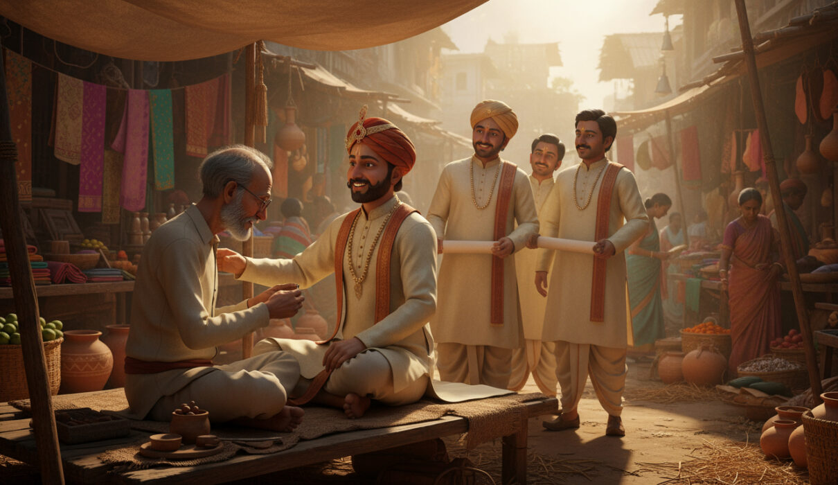 An Indian king rewarding a humble village tailor after stitching a button, moral story scene.