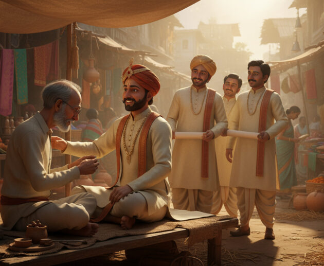 An Indian king rewarding a humble village tailor after stitching a button, moral story scene.