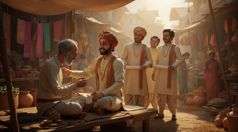 An Indian king rewarding a humble village tailor after stitching a button, moral story scene.