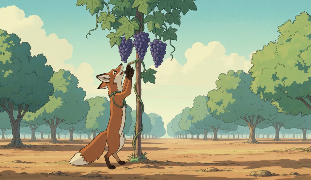An Indian fox trying to reach grapes on a tall vine in a sunny village orchard.