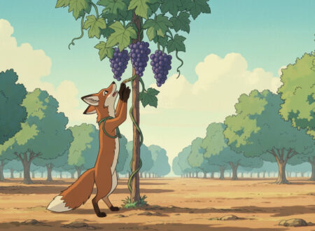 An Indian fox trying to reach grapes on a tall vine in a sunny village orchard.