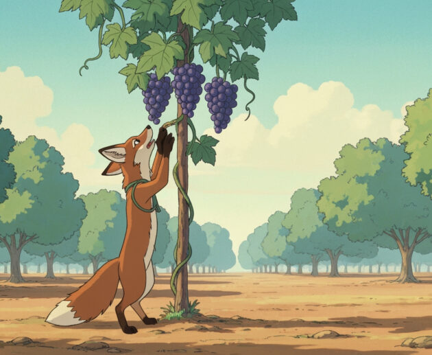 An Indian fox trying to reach grapes on a tall vine in a sunny village orchard.