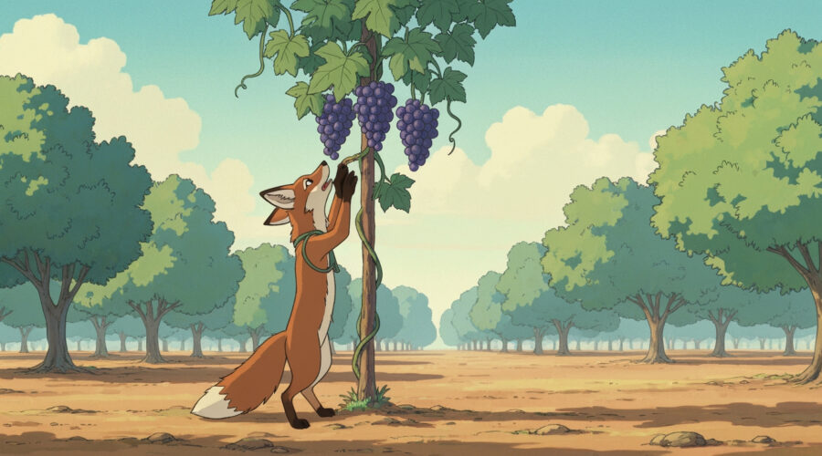 An Indian fox trying to reach grapes on a tall vine in a sunny village orchard.