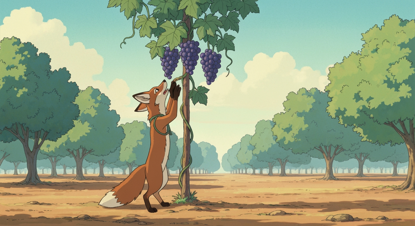An Indian fox trying to reach grapes on a tall vine in a sunny village orchard.