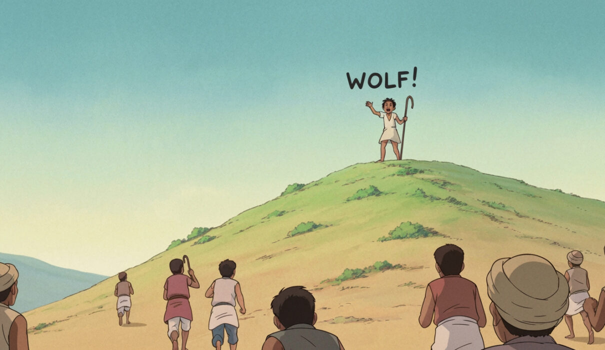 An Indian shepherd boy shouting “Wolf!” from a hill while villagers run toward him.