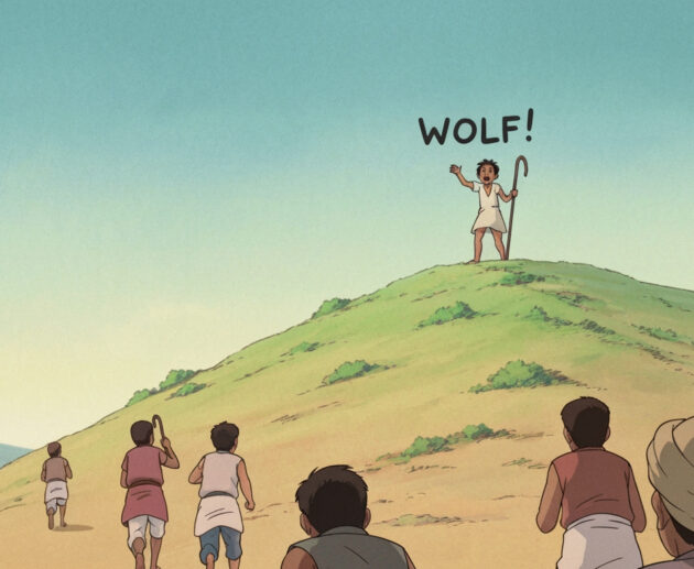 An Indian shepherd boy shouting “Wolf!” from a hill while villagers run toward him.