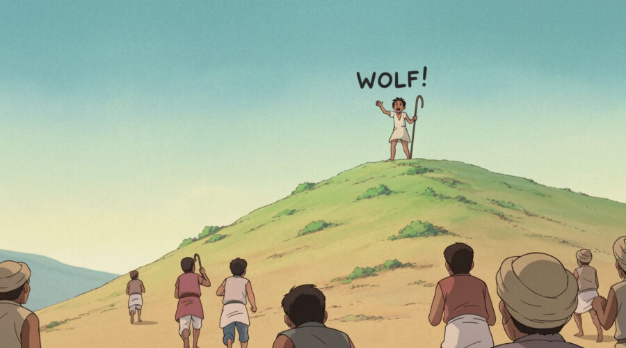 An Indian shepherd boy shouting “Wolf!” from a hill while villagers run toward him.