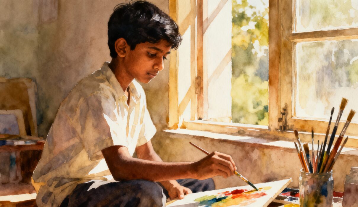 A young boy painting every day with focus and determination.