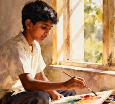 A young boy painting every day with focus and determination.