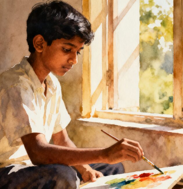 A young boy painting every day with focus and determination.