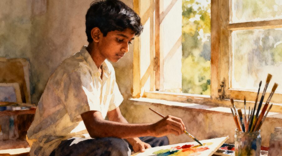 A young boy painting every day with focus and determination.