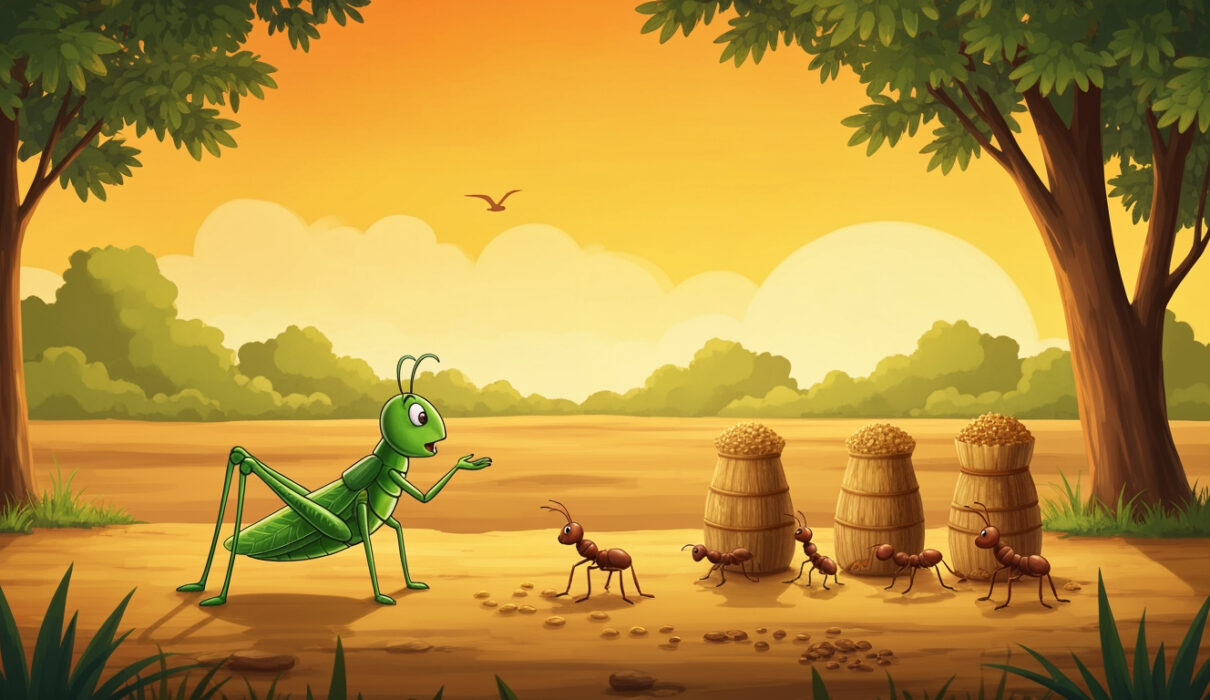 A grasshopper talking to ants carrying grains under the warm winter sun in an Indian field.