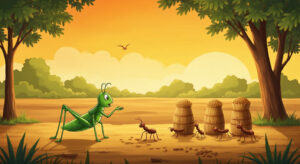 A grasshopper talking to ants carrying grains under the warm winter sun in an Indian field.