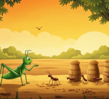 A grasshopper talking to ants carrying grains under the warm winter sun in an Indian field.