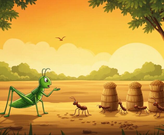 A grasshopper talking to ants carrying grains under the warm winter sun in an Indian field.