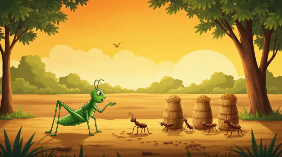 A grasshopper talking to ants carrying grains under the warm winter sun in an Indian field.