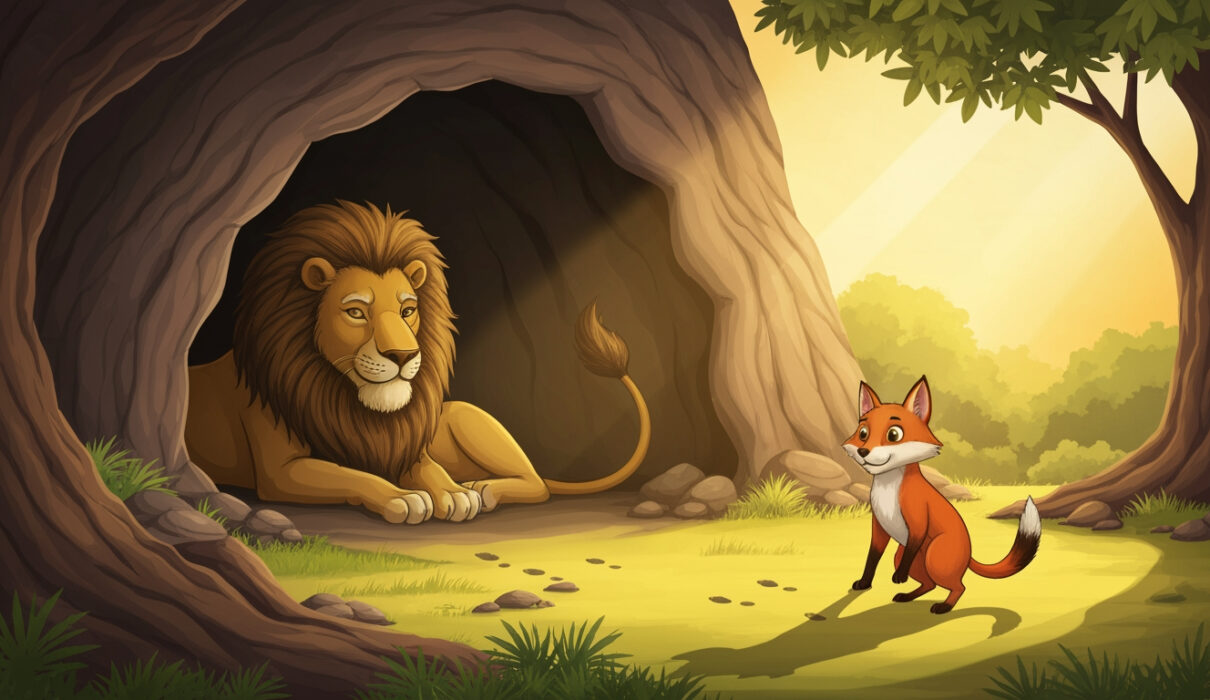 An old lion resting in his cave while a clever fox stands outside looking at footprints on the ground.