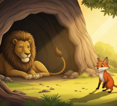 An old lion resting in his cave while a clever fox stands outside looking at footprints on the ground.