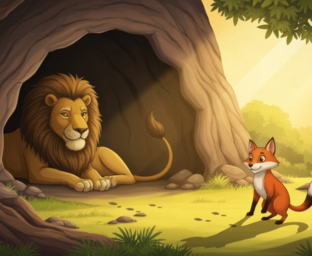 An old lion resting in his cave while a clever fox stands outside looking at footprints on the ground.