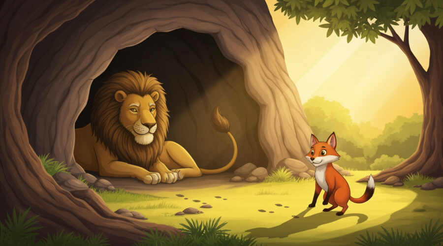 An old lion resting in his cave while a clever fox stands outside looking at footprints on the ground.