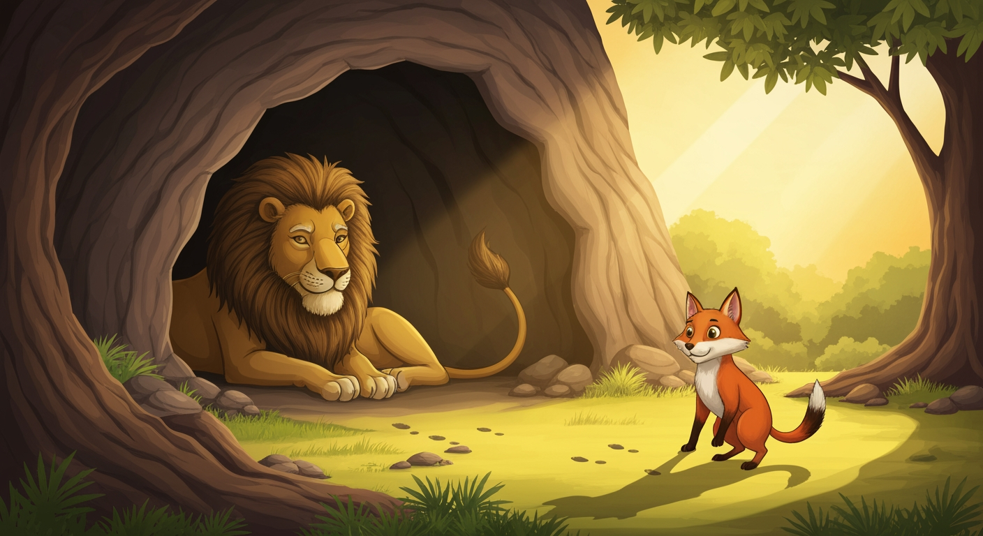 An old lion resting in his cave while a clever fox stands outside looking at footprints on the ground.