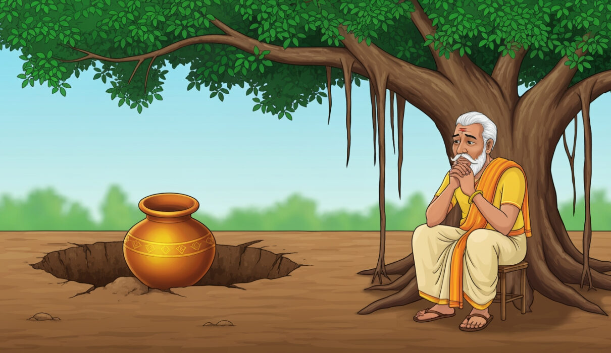 Indian miser looking sadly at an empty hole under a banyan tree where his gold pot was buried.