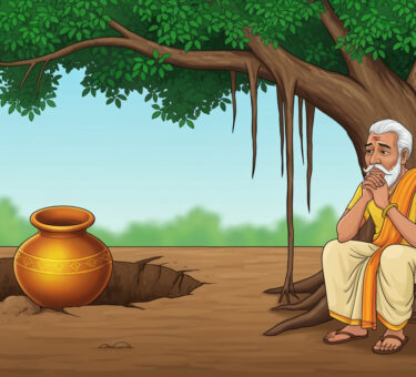 Indian miser looking sadly at an empty hole under a banyan tree where his gold pot was buried.