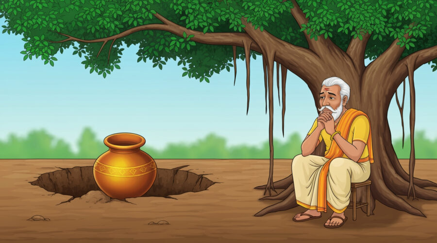 Indian miser looking sadly at an empty hole under a banyan tree where his gold pot was buried.