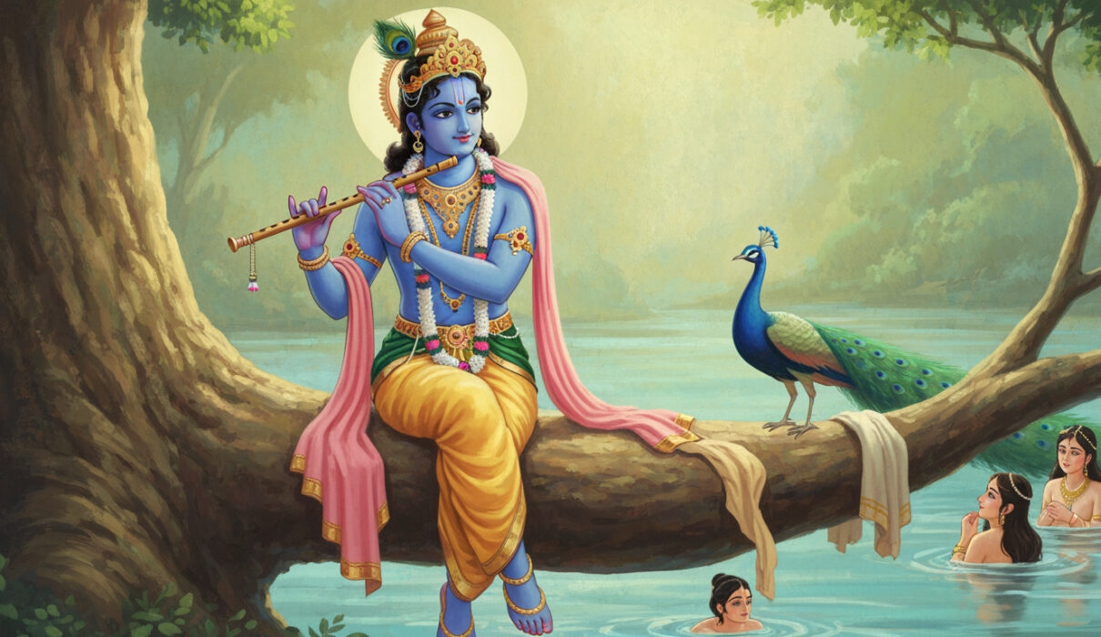 Krishna smiling from a tree near the Yamuna River, teaching the Gopis about faith and humility.