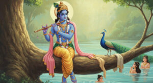Krishna smiling from a tree near the Yamuna River, teaching the Gopis about faith and humility.