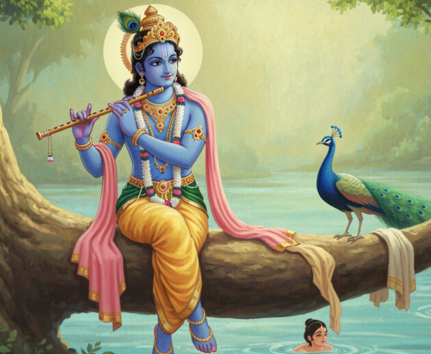 Krishna smiling from a tree near the Yamuna River, teaching the Gopis about faith and humility.