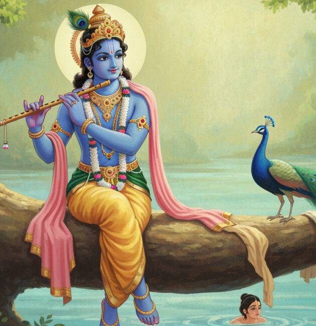 Krishna smiling from a tree near the Yamuna River, teaching the Gopis about faith and humility.