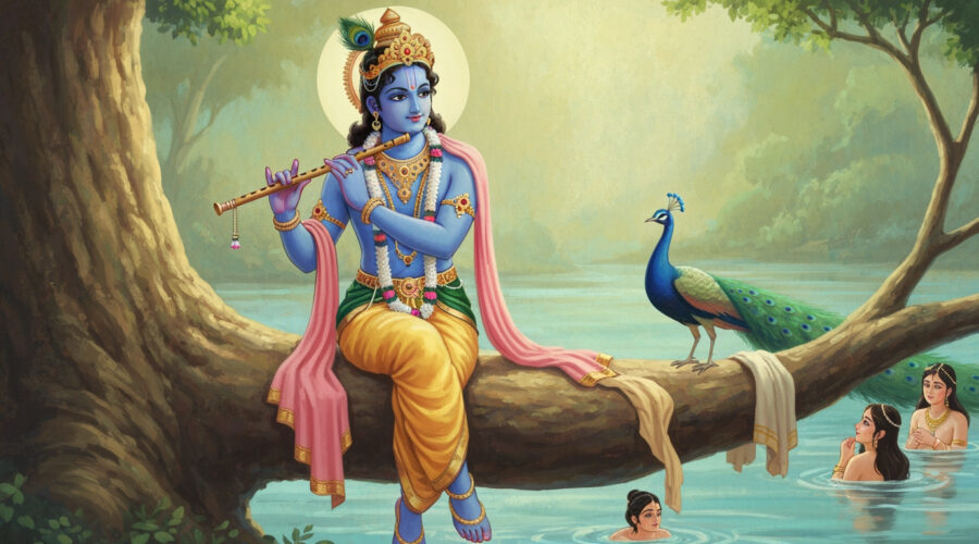 Krishna smiling from a tree near the Yamuna River, teaching the Gopis about faith and humility.