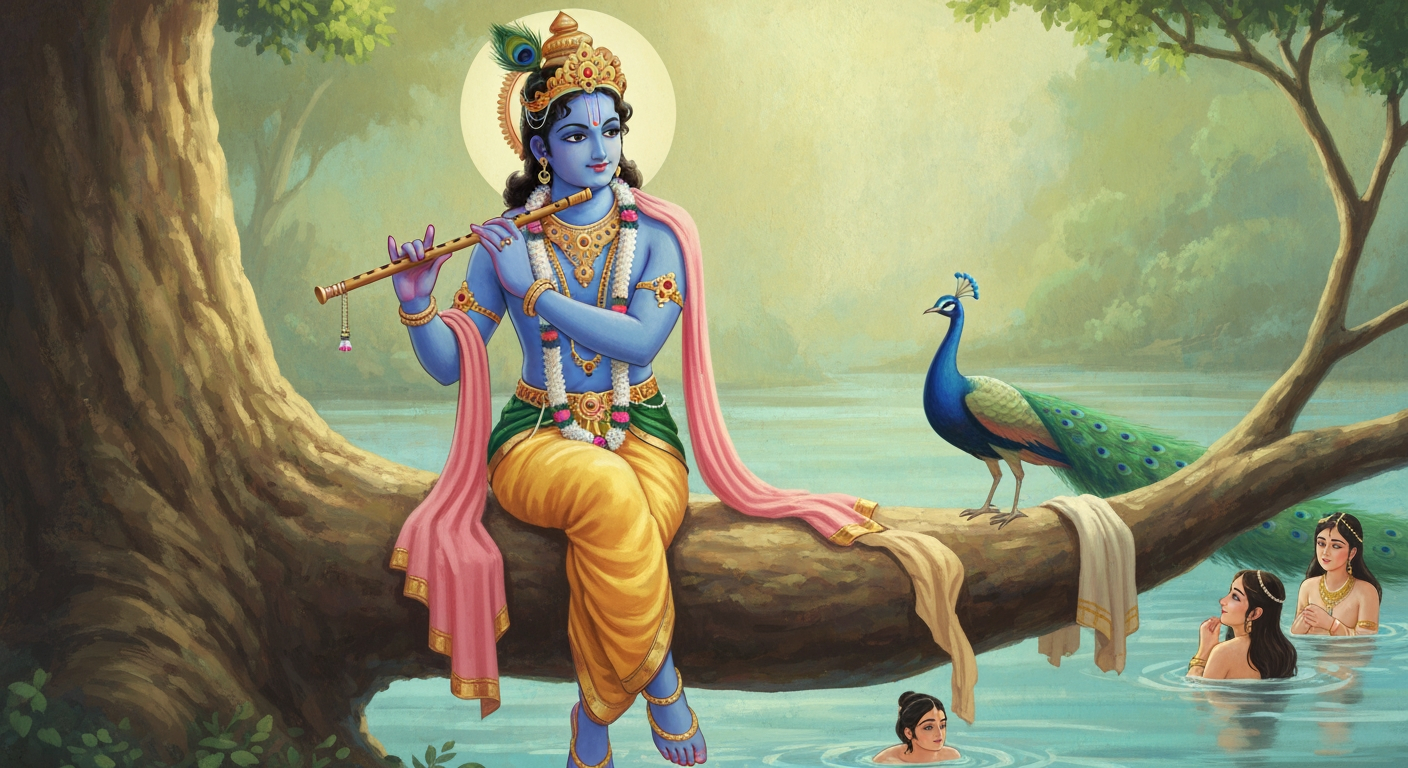 Krishna smiling from a tree near the Yamuna River, teaching the Gopis about faith and humility.