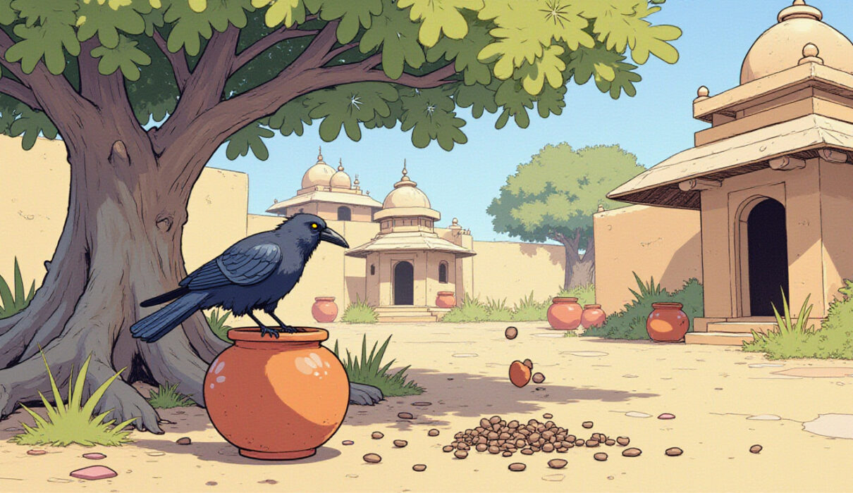 An Indian crow dropping pebbles into a clay pot under a banyan tree on a hot day.