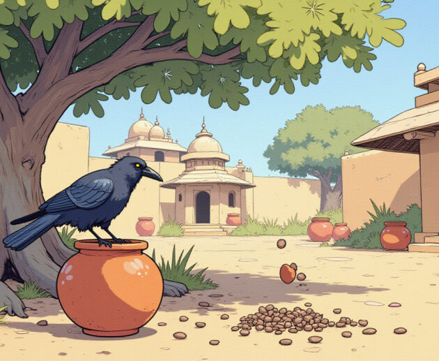An Indian crow dropping pebbles into a clay pot under a banyan tree on a hot day.