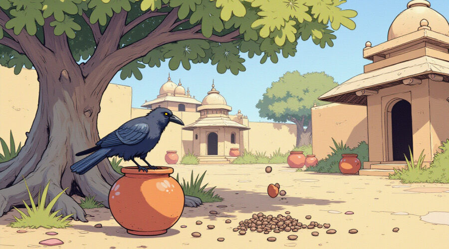 An Indian crow dropping pebbles into a clay pot under a banyan tree on a hot day.
