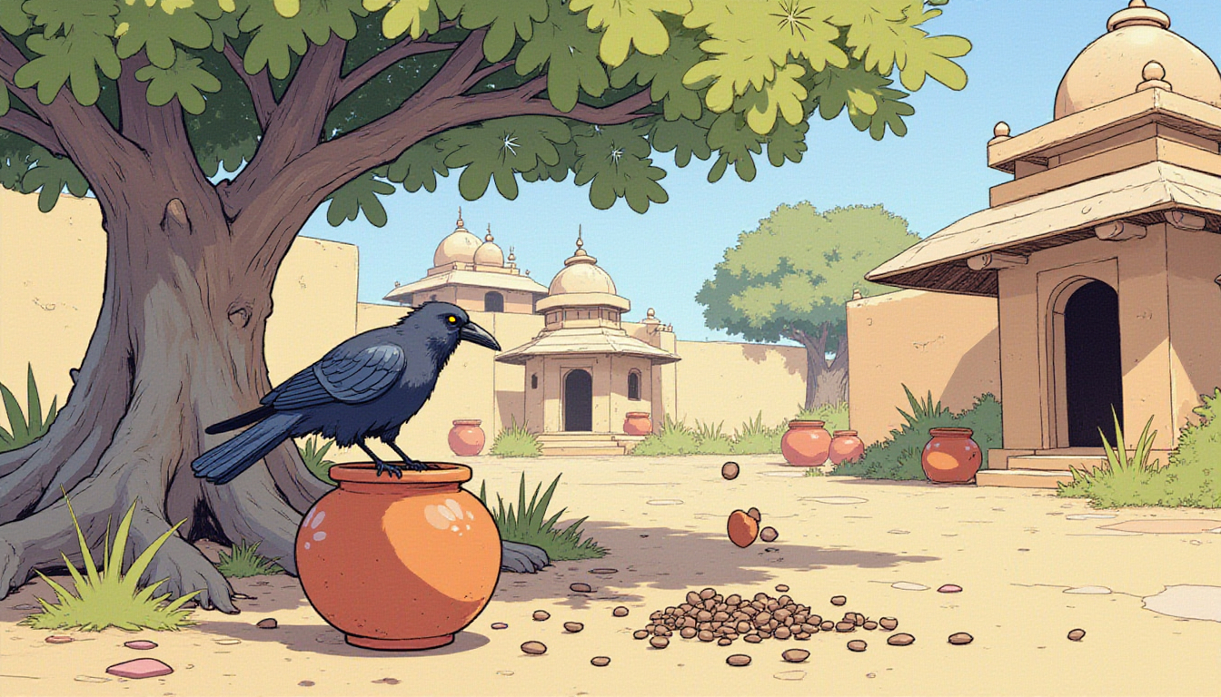 An Indian crow dropping pebbles into a clay pot under a banyan tree on a hot day.